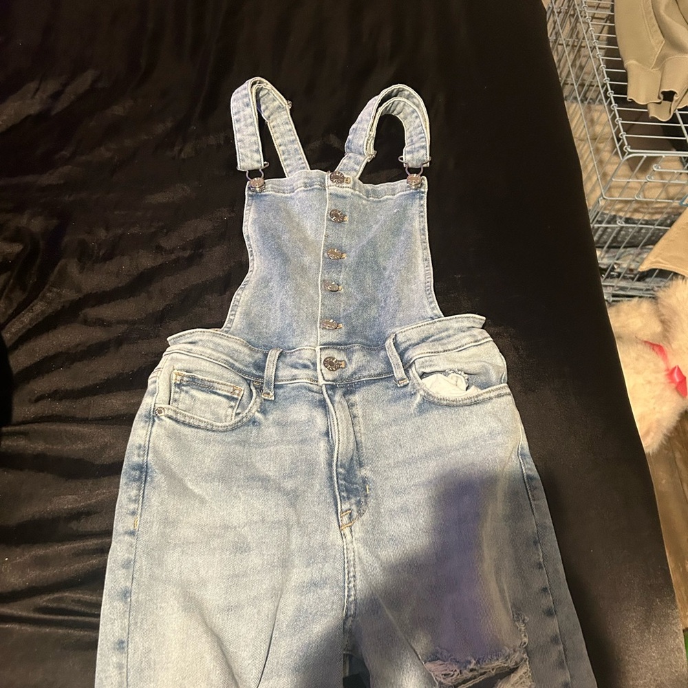 Guess Blue Denim Overalls with Distressed Details